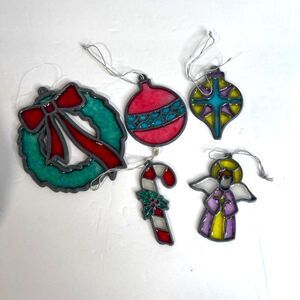 Christmas Sun Catchers Set of 5 Wreath Ornaments Angel Candy Cane Stained Glass